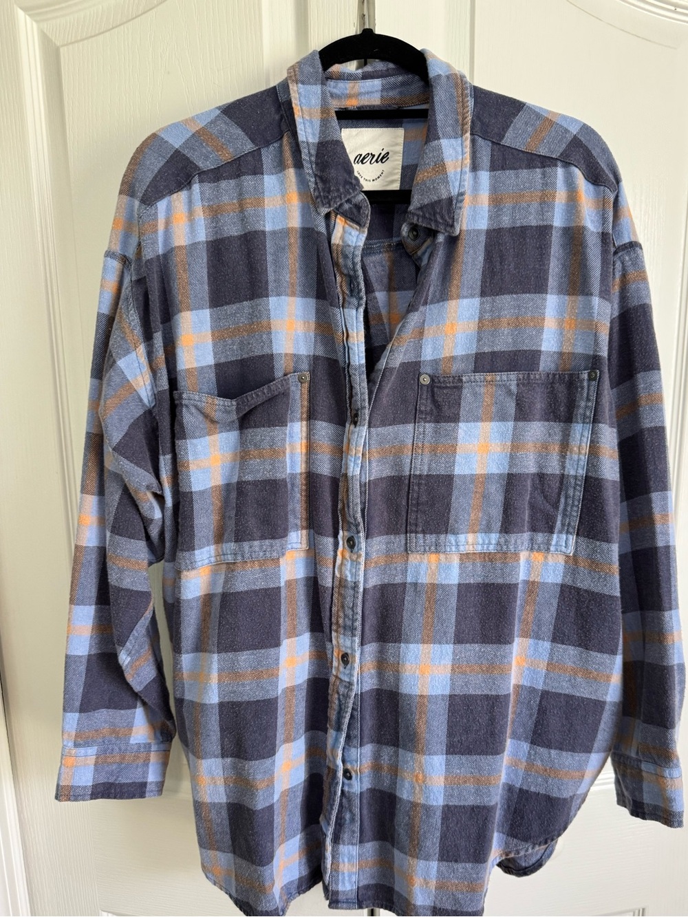 Aerie Oversized Blue and Orange Plaid Flannel Shirt